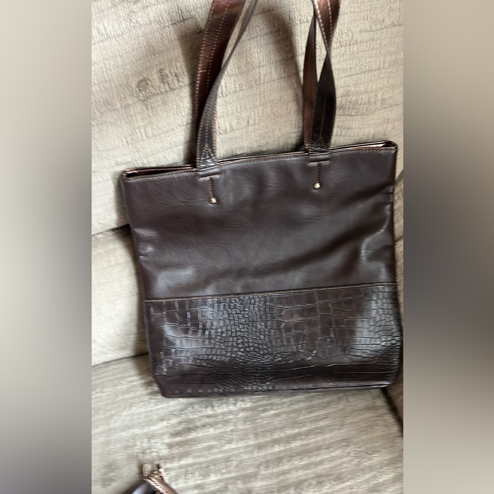 Brown Faux Leather Tote Bag Set, Includes Wallet and Cosmetic Bag - Picture 11 of 11